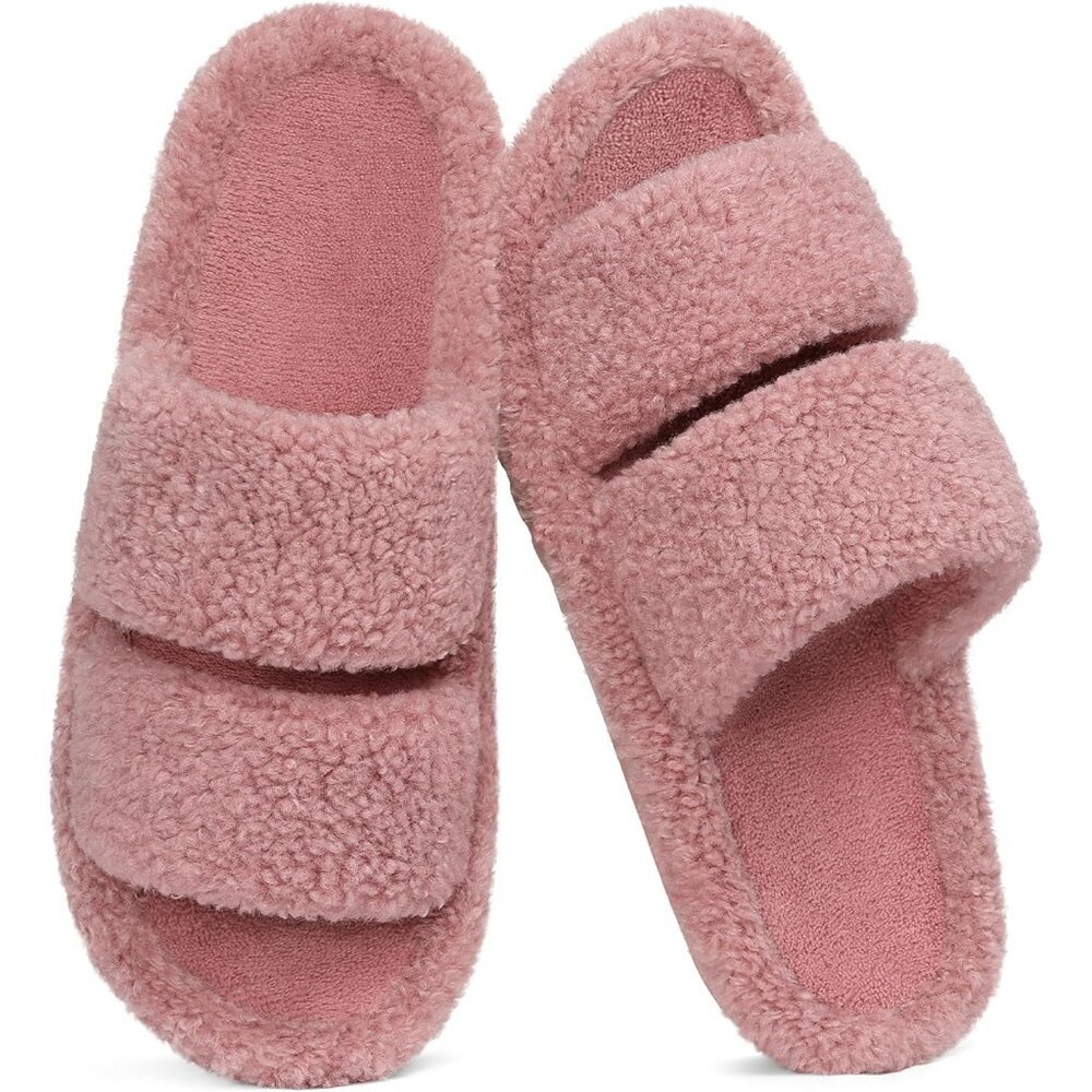 Women's Fuzzy Moderate Arch Support Pink Open Toe Cozy Bedroom Slippers  Shoes